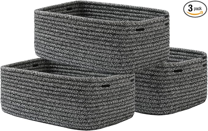 Small Woven Basket, 13.5 x 9.5 x 5 Inches, Storage Basket for Organizing, Cute Small Rope Shelf Closet Cube Storage Bins Baskets for Shelves, Dog Toy Gift Baskets Empty, 3 Pack Mixed Black