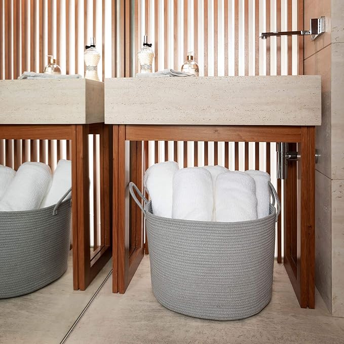 OrganiHaus Woven Laundry Basket, Large Cotton Rope Blanket Holder with Handles, Soft & Sturdy Nursery Hamper, Decorative Toy Bin for Living Room Organization 20x13 inches - Gray