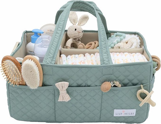 Lily Miles Baby Diaper Caddy Organizer, Quilted Nursery Storage Basket for Newborn Essentials and Diaper Changing Station, Gift for Baby Shower and Registry Must-Have (Willow Green)