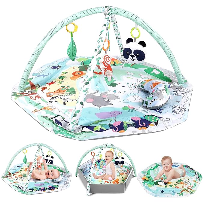 dearlomum 4-in-1 Tummy Time Mat,Baby Activity Play Mat,Newborn Play Baby Mats for Floor with 6 Infant Learning Sensory Baby Toys, Toddler Motor Skill Development,Babies Ball Pit with 18 Ocean Balls