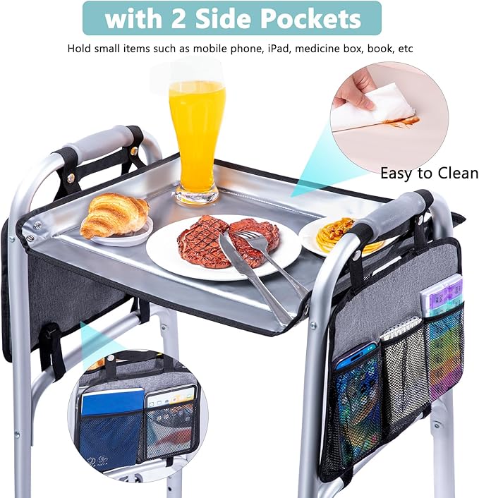BAGSFY Walker Tray with Cup Holder & 2 Side Pockets, Folding Walker Table for Seniors | Sturdy, Easy-Clean Tray with PEVA Surface | Universal Fit for Standard Walkers, Walker Accessory for Elderly