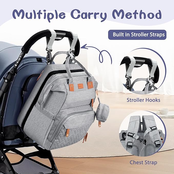 Baby Diaper Bag, Backpack with Changing Table, Unisex Baby Bag, with Diaper Pad, USB Charging Port, Insulated Pacifier Case, Multifunctional Waterproof Travel Diaper Bag, Gift for Newborn Baby (Grey)