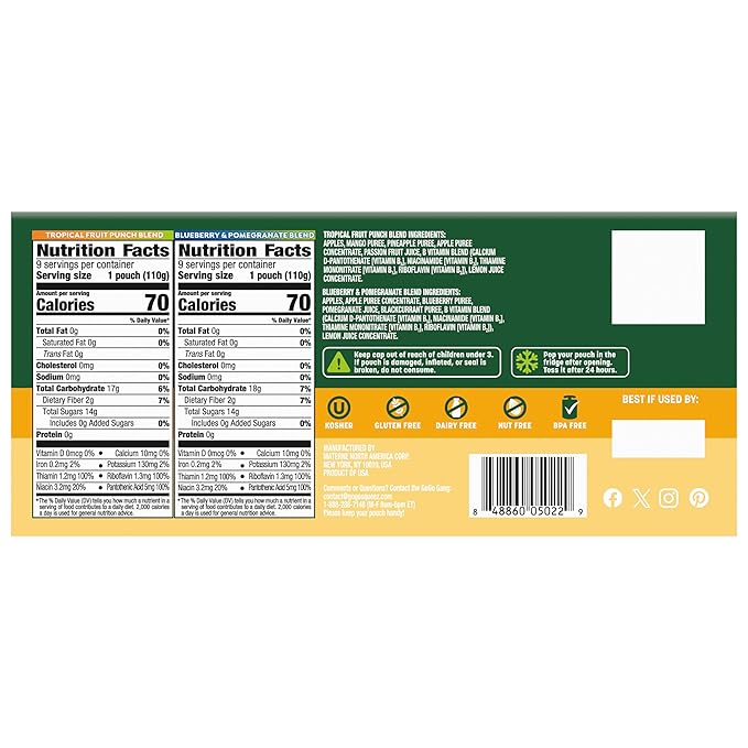 GoGo squeeZ Active Fruit Blend Energy Release | 18-Count Variety Pack | Tropical Fruit Punch and Blueberry & Pomegranate | Made with Real Fruit and B Vitamins