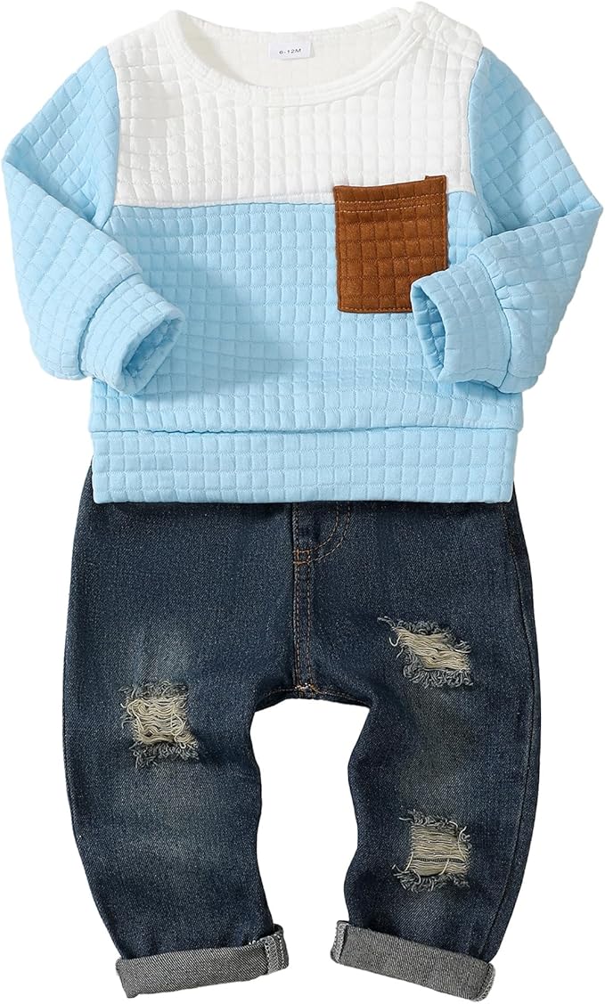 NZRVAWS Toddler Baby Boy Clothes Pullover Sweater Ripped Jean Sweatsuit Little Boy Outfit Fall Winter Clothing Set 6M-7T