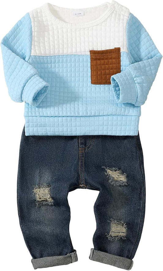 NZRVAWS Toddler Baby Boy Clothes Pullover Sweater Ripped Jean Sweatsuit Little Boy Outfit Fall Winter Clothing Set 6M-7T