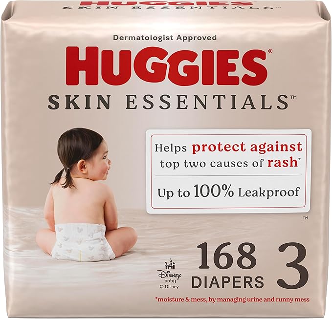 Huggies Size 3 Diapers, Skin Essentials Baby Diapers, Size 3 (16-28 lbs), 168 Count (3 Packs of 56), Packaging May Vary