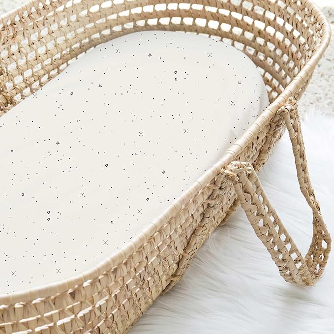 Ely’s & Co. Bassinet Sheets, Baby Boy/Girl Fitted Bassinet Mattress Sheet Set - 2 Pack, 100% Jersey Knit Cotton, fits Oval, Hourglass and Rectangle Mattress, Black and White Celestial, 32”x16”x3”