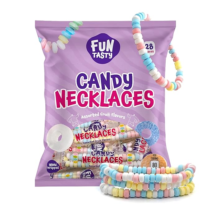 Funtasty Candy Necklaces - 21 Ounce Bag (28 Count) - Party Favors - Fruit Flavors - Individually Wrapped Candies Bulk - Candy Jewelry for Goody Bags