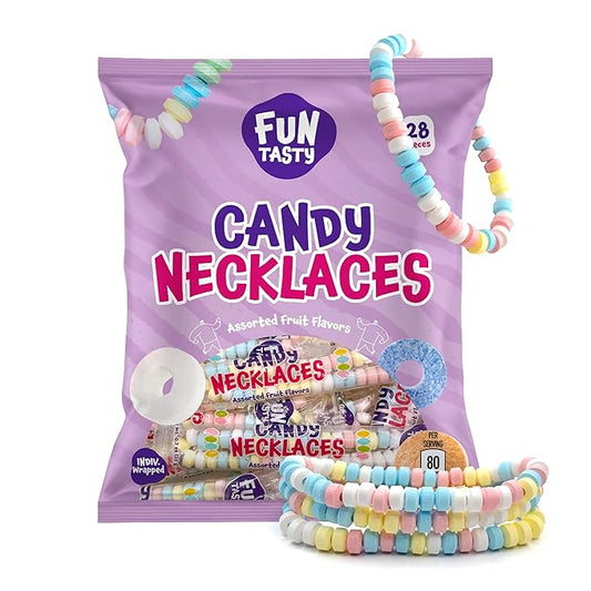 Funtasty Candy Necklaces - 21 Ounce Bag (28 Count) - Party Favors - Fruit Flavors - Individually Wrapped Candies Bulk - Candy Jewelry for Goody Bags