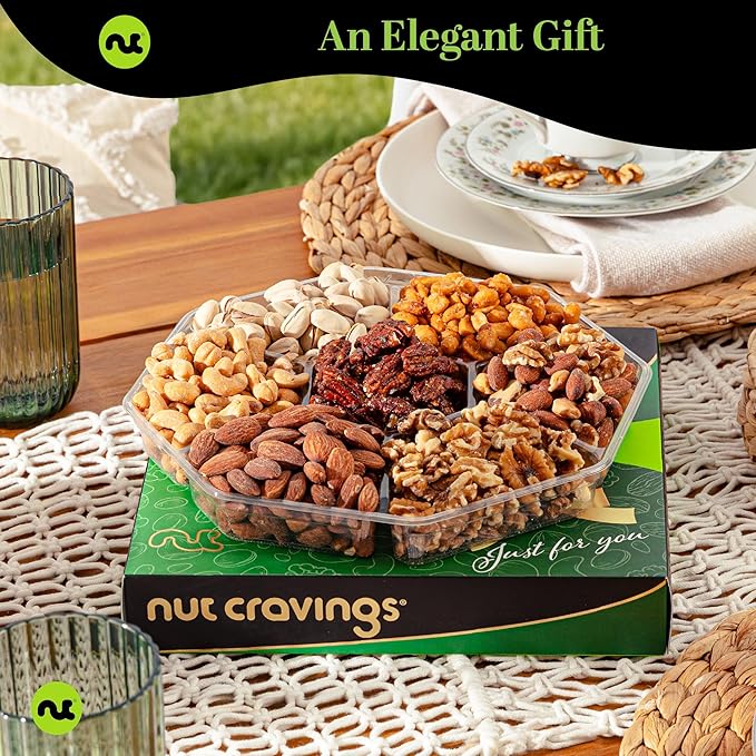 NUT CRAVINGS - Mixed Nuts Gift Basket in Green Gold Box (7 Assortments, 2 LB) Food Arrangement, Healthy Snack Care Package, Food Assortments