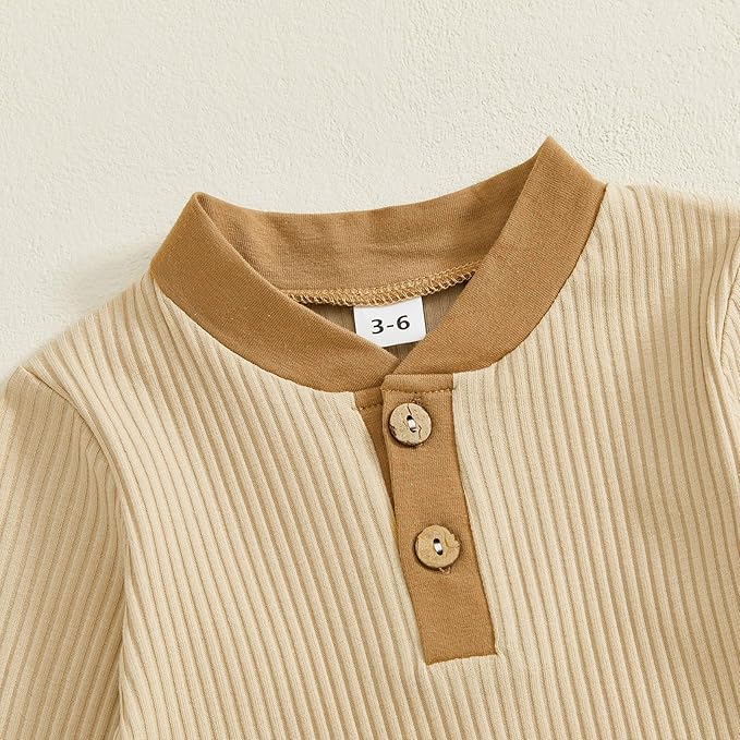 fhutpw Newborn Baby Boy Clothes Ribbed Knit Bodysuit 3 6 Months Infant Fall Long Sleeve Splicing Color Romper Jumpsuit & Hat