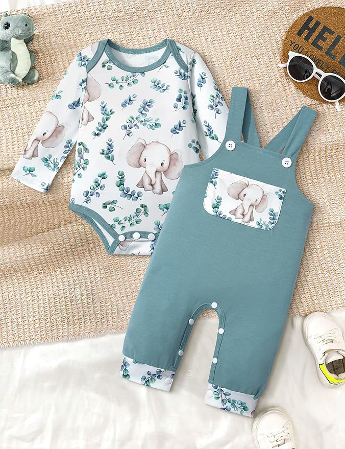 Baby Boy Clothes Long Sleeve Animal Plaid Romper + Overalls Infant Boy Clothes 2PCS Fall Winter Outfits