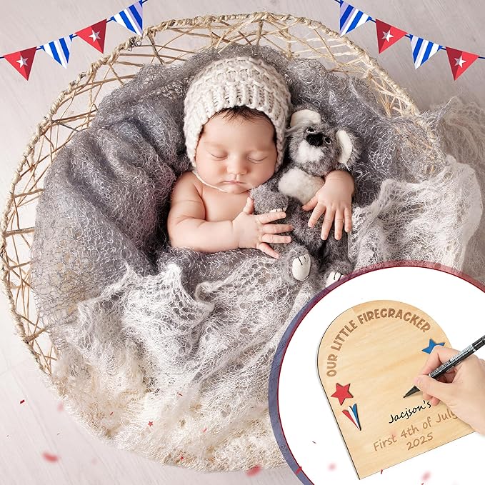 R HORSE Baby's First July 4th Footprint or Handprint DIY Art Sign Craft, 3D Engraved Wooden Hanging Ornament, Newborn Keepsake Gift Photo Prop for Unisex Baby Independence Day Baby Shower Supplies