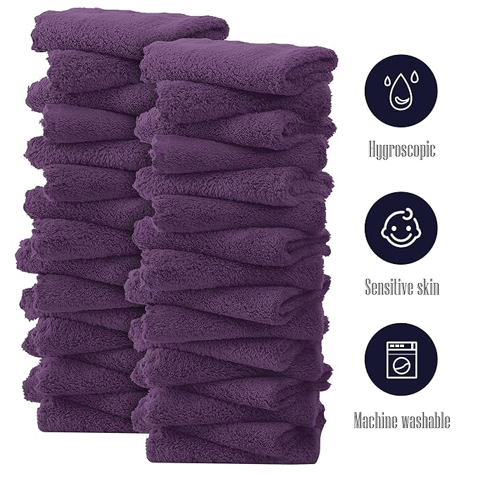 32 Pack Baby Washcloths - Luxury Coral Fleece - Extra Absorbent and Soft Wash Clothes for Newborns, Infants and Toddlers - Suitable for Sensitive Skin and New Born - Baby Shower - Plum, 10x10 Inch