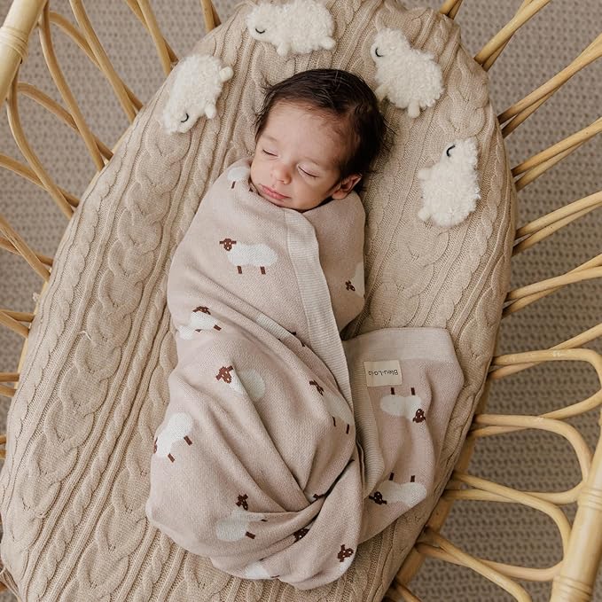 Luxury Cotton Knit Swaddle Baby Blanket - Soft Cozy Lightweight Unisex Receiving Swaddler Stroller Quilt Blanket for Shower Gift Registry for Newborns Infants Toddlers (Sheep - Ivory)