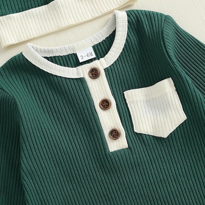 fhutpw Newborn Baby Boy Clothes Ribbed Knit Bodysuit 3 6 Months Infant Fall Long Sleeve Splicing Color Romper Jumpsuit & Hat