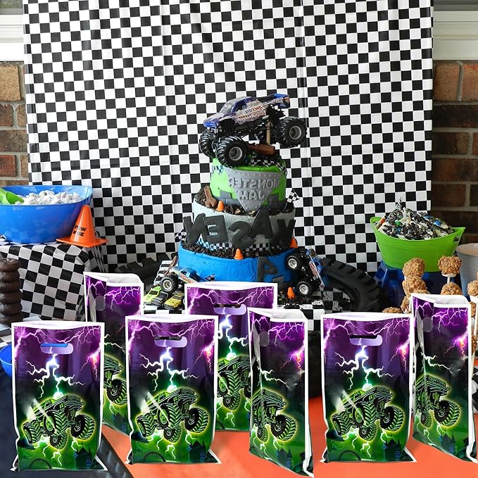 Green Purple Monster Truck Party Favor Bags - 50Pcs Monster Truck Goody Candy Treat Gifts Bags, Green Purple Racing Car Themed Party Decorations for Kids Boys Girls Birthday Supplies