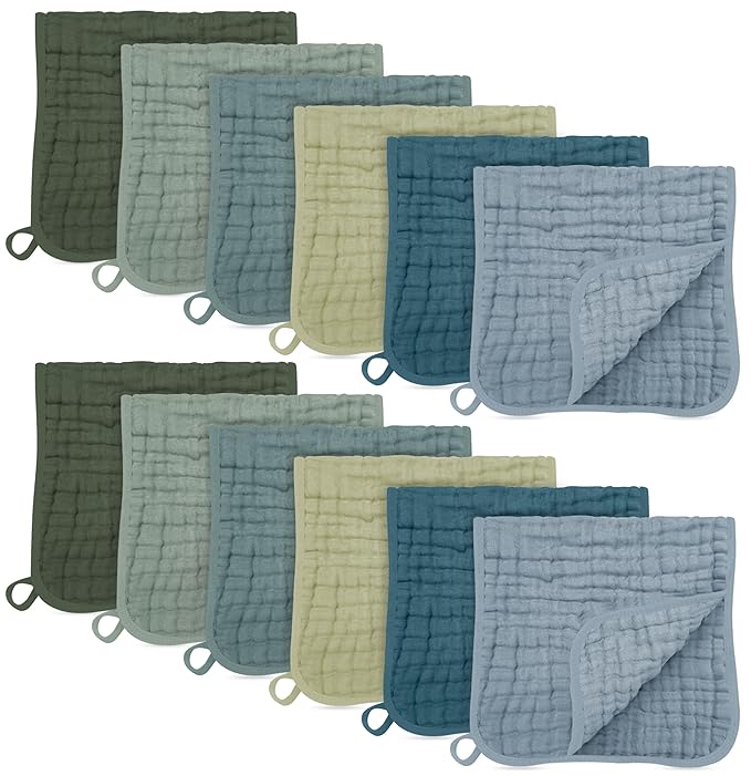 SWEET DOLPHIN 12 Pack Muslin Burp Cloths Large 100% Cotton Burping Clothes for Baby Drool - Absorbent and Soft Boys & Girls Milk Spit Up Rags for Newborn Essentials Registry - Ocean Dip