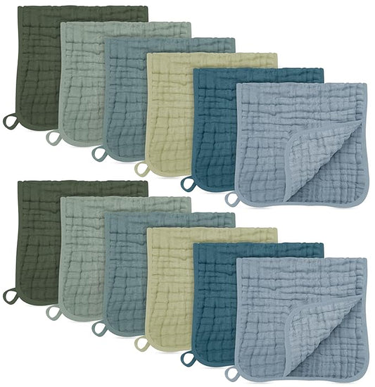 SWEET DOLPHIN 12 Pack Muslin Burp Cloths Large 100% Cotton Burping Clothes for Baby Drool - Absorbent and Soft Boys & Girls Milk Spit Up Rags for Newborn Essentials Registry - Ocean Dip