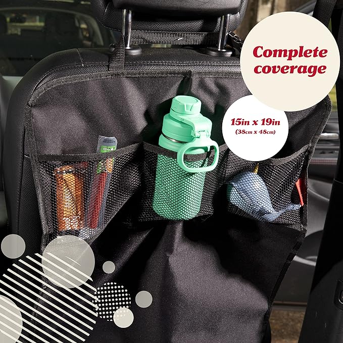 Lusso Gear Seat Back Protector for Kids - 2 Pack, Black, 3 Mesh Pockets - Back Seat Cover & Organizer with Waterproof, Machine Washable Oxford Material