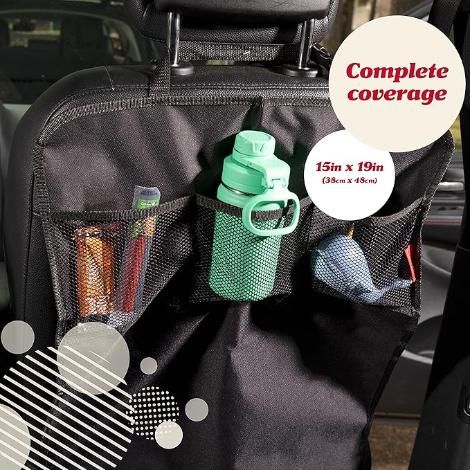 Lusso Gear Heavy Duty Kick Mats (2 Pk) - Back Seat Protector, Sag Proof, Waterproof, Car Back Seat Cover for Kids Who Make Big Messes, 3 Reinforced Storage Pockets, Premium Oxford Fabric (Tan)