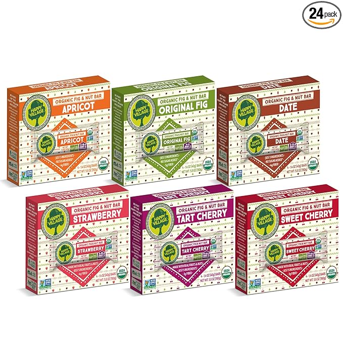 Happy Village Organic Fig & Nut Bars, VARIETY (24 Pack, 1.4 OZ each), Gluten Free, No Refined Sugar, Kosher, Non-GMO, Vegan, Good Source of Fiber, Organic Healthy Snack Bars - 4 bars of Each Flavor