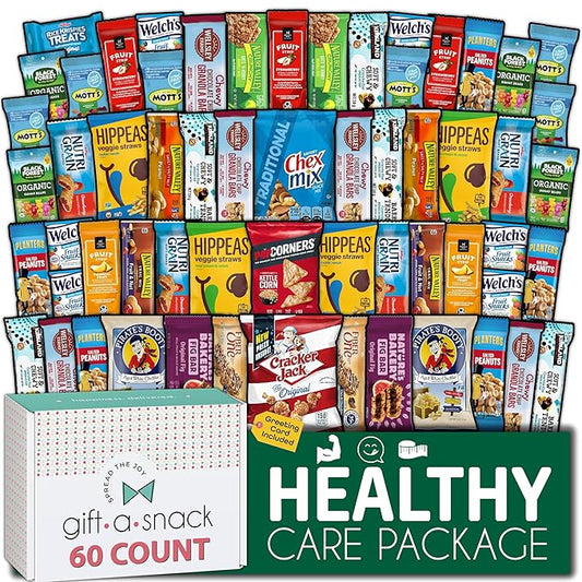 Gift A Snack - Back to School/Off to College Healthy Snack Box Care Package + Greeting Card (60 Count) Birthday Treats Gift Basket, Nutritious Granola Breakfast Bars, Office Food Assortments