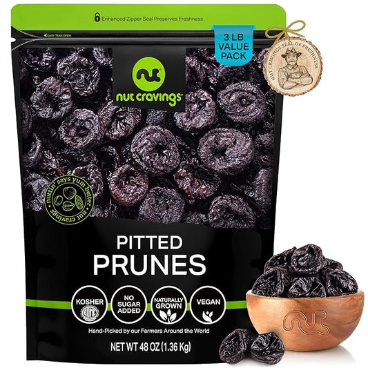 NUT CRAVINGS - Dried Prunes Pitted Unsweetened, Dry Plums No Sugar Added (48oz, 3 LB) Bulk Dry Fruits Packed Fresh in Resealable Bag - Sweet Healthy Snack, Naturally Grown, Vegan, Kosher