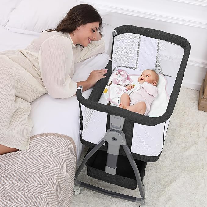 Baby Bassinet Bedside Sleeper, 3 in 1 Rocking Bassinet for Baby, Arms Reach Co Sleeper Bassinet with Wheels, Adjustable Height, Storage, Mattress & Canopy (Black)