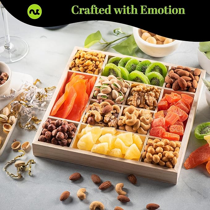 NUT CRAVINGS - Rosh Hashana & Shana Tova Dried Fruit & Mixed Nuts Gift Basket in Reusable Wooden Tray + Ribbon (12 Assortments) Food Arrangement, Healthy Snack Care Package, Food Assortments