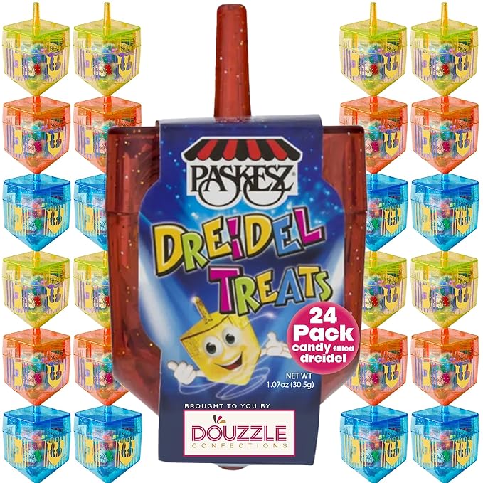 DOUzzle Hanukkah Candy Dreidels for Kids in Bulk, Driedel Filled with Treats (Pack of 24) Hanukah Party Favors, Happy Chanuka Sweet Treat & Gifts - Kosher Parve