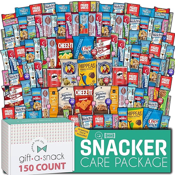 Gift A Snack - Back to School/Off to College Snack Box Variety Pack Care Package + Greeting Card (150 Count) Birthday Sweet Treats Gift Basket, Candies Chips Crackers Bars, Office Food Assortments