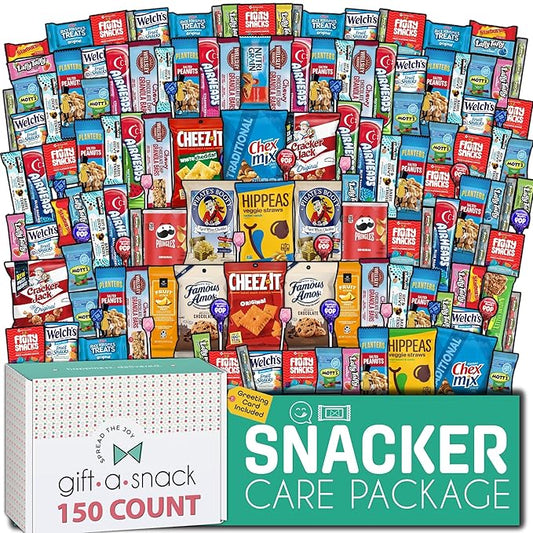 Gift A Snack - Back to School/Off to College Snack Box Variety Pack Care Package + Greeting Card (150 Count) Birthday Sweet Treats Gift Basket, Candies Chips Crackers Bars, Office Food Assortments