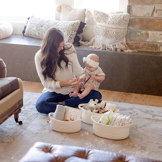 NaturalCozy 3-Piece Oval Storage Basket Set– Soft Natural Rope Woven Baskets for Storage Shelf, Toy, Nursery, Gift, Baby Shower, Pets Cat Dog Bins, Kitchen | Small Basket for Organizing (Off White)