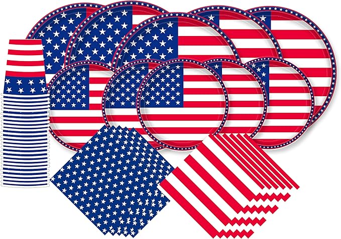 Gatherfun American Flag Patriotic Party Supplies Disposable Napkins Paper Plates and Paper Cups for Veterans Day Election Day 4th of July Independence Day Decorations, Serve 25