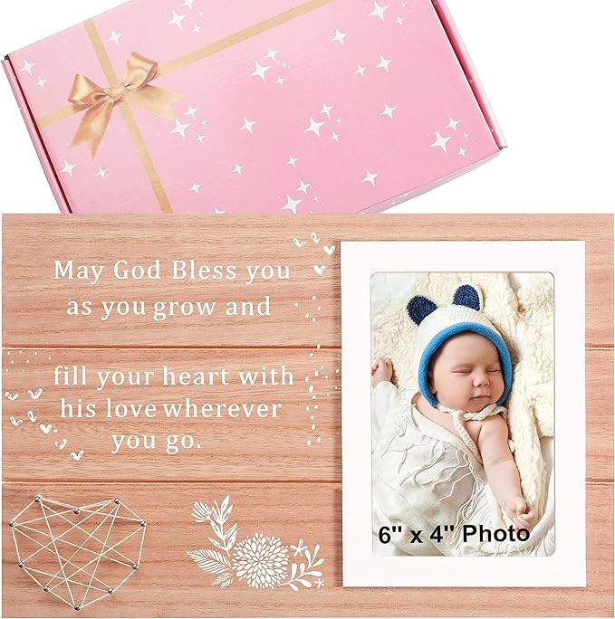 Baptism Gift for Godchild from Godparents-Christening Keepsake Gift-Unique Milestones Dedication Present for Godchild from Godmother Godfather-Wooden Picture Photo Frame-May God Bless You As You Grow