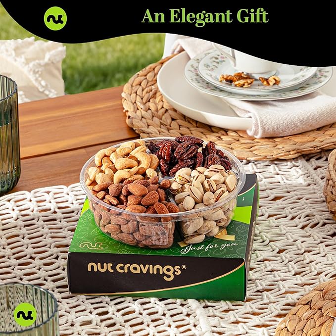 NUT CRAVINGS - Mixed Nuts Gift Basket in Green Gold Box (4 Assortments) Food Arrangement, Healthy Snack Care Package, Food Assortments