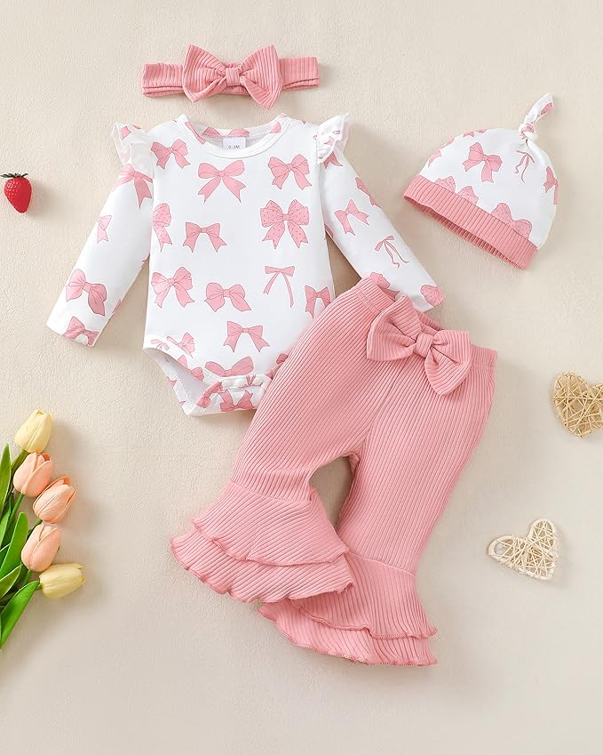 Renotemy Preemie Newborn Baby Girl Clothes Infant Romper Fall Winter Outfits Gifts for Girls Cute Bell Bottoms Pant Sets