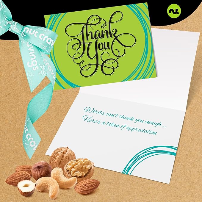 NUT CRAVINGS Gourmet Collection - Thank You Appreciation, Nuts Gift Basket with Thank You Ribbon + Greeting Card (7 Assortments) Food Platter, Healthy Snack Care Package, Food Assortments