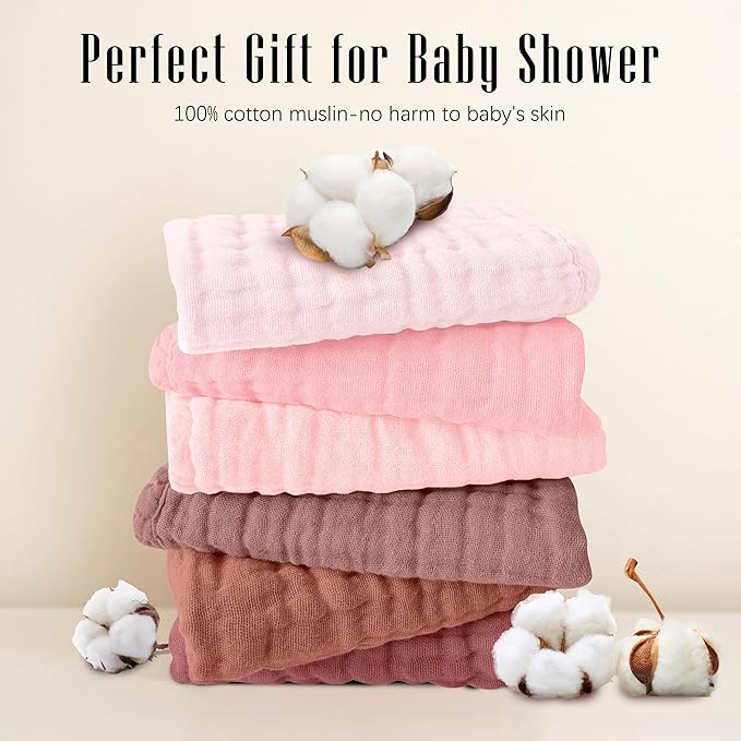 SWEET DOLPHIN 12 Pack Muslin Burp Cloths Large 100% Cotton Burping Clothes for Baby Drool - Absorbent and Soft Boys & Girls Milk Spit Up Rags for Newborn Essentials Registry - Dewy Petal