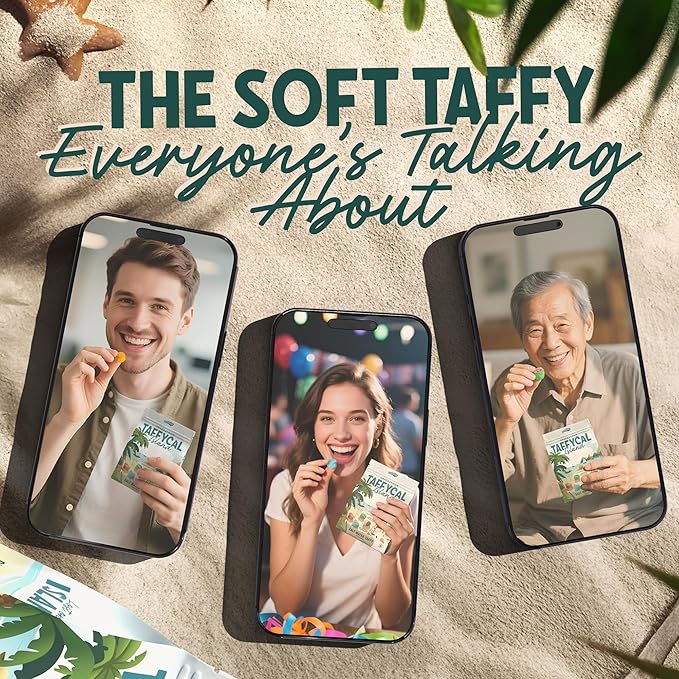 Snackathon Salt Water Taffy Assorted Mix – Taffycal Island Edition, 10-Flavor Tropical Variety, Individually Wrapped Soft & Chewy Gourmet Candy, Unique 7 oz Themed Bag for Gifting