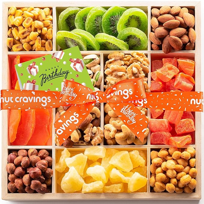 NUT CRAVINGS Gourmet Collection - Happy Birthday Treats, Dried Fruit & Mixed Nuts Gift Basket with Bday Ribbon in Reusable Wooden Tray (12 Assortments) Food Arrangement, Healthy Snack, Food Assortments