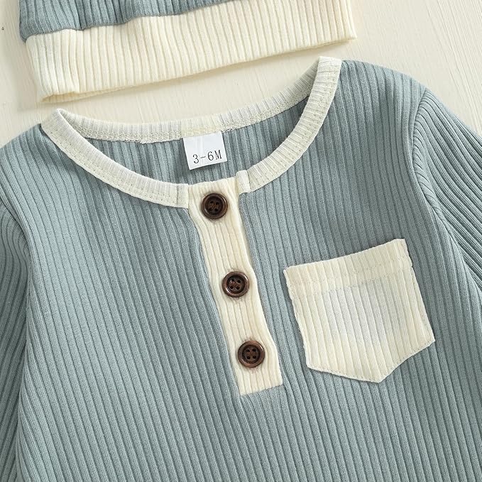 fhutpw Newborn Baby Boy Clothes Ribbed Knit Bodysuit 3 6 Months Infant Fall Long Sleeve Splicing Color Romper Jumpsuit & Hat