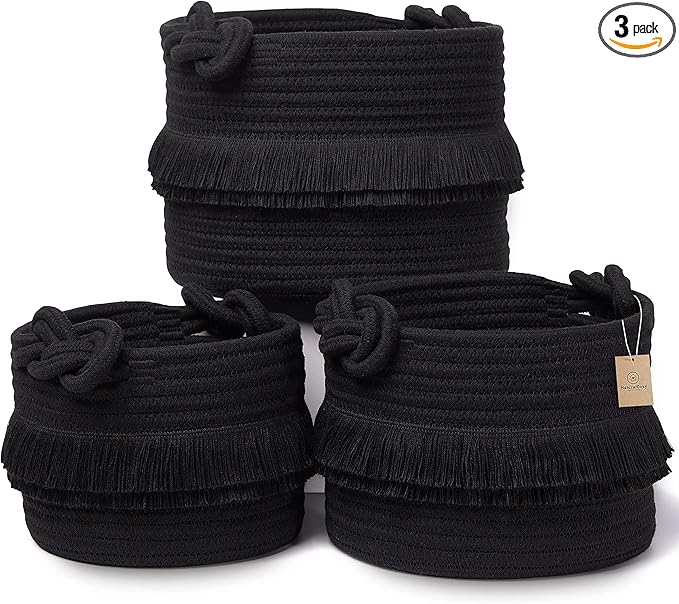 NaturalCozy 3-Piece Decorative Storage Basket Set – Black Cotton Rope Small Woven Baskets for Organizing for Nursery Baby Stuff, Gift, Vanity, Montessori, Dog Cat Toy Bin, Planter, Bathroom Shelves