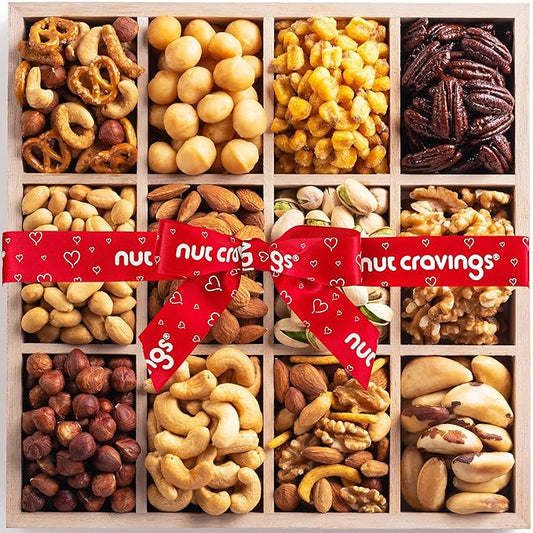 NUT CRAVINGS - Mixed Nuts Gift Basket in Reusable Wooden Tray + Heart Ribbon (12 Assortments) Food Arrangement, Healthy Snack Care Package, Food Assortments