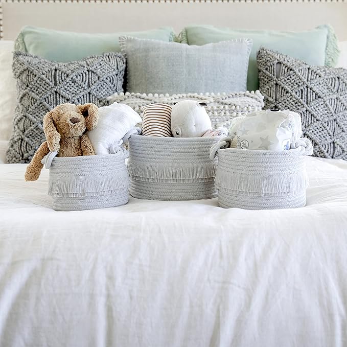 NaturalCozy 3-Piece Decorative Storage Basket Set – Cotton Rope Woven Baskets for Organizing! Small Storage Bins for Nursery Baby Stuff, Gift, Montessori, Dog Toy Bin, Cat Toys, Bathroom Shelves