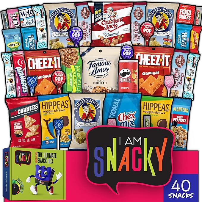 I AM Snacky - Back to School/Off to College Snack Box Variety Pack Care Package + Greeting Card - SNACKY'S BASH BOX (40 Count) Birthday Sweet Treats Gift Basket, Candies Chips, Office Food Assortments