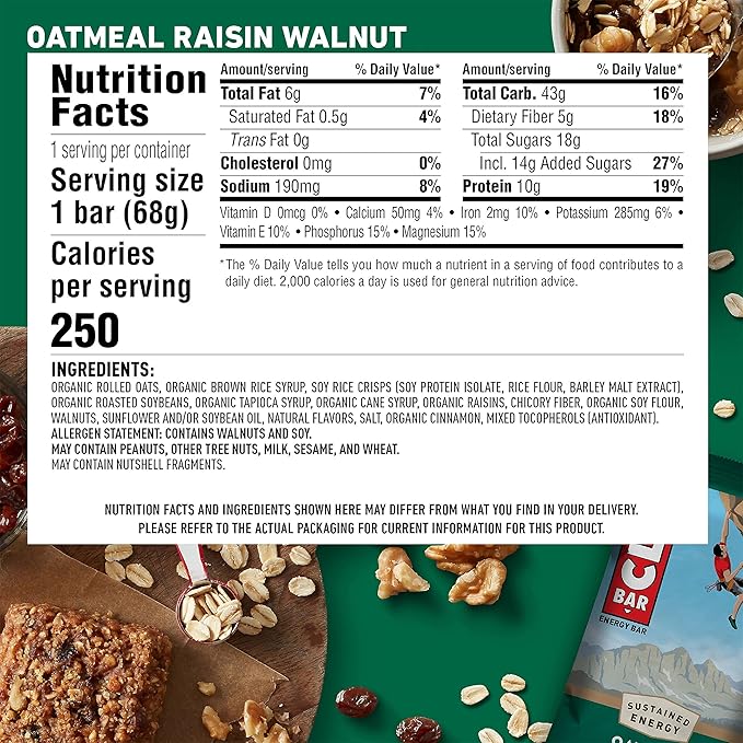 CLIF BAR - Oatmeal Raisin Walnut - Made with Organic Oats - Energy Bars - Non-GMO - Plant Based Protein Bars (10 Pack)