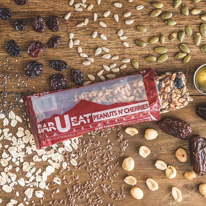 BAR-U-EAT Gluten-Free, Organic, Soft & Chewy Energy Bar. Real Food | Seed Oil Free | No Artificial Sugar | Compostable Packaging | Healthy Snacks (Peanuts N' Cherries 12 Pack)