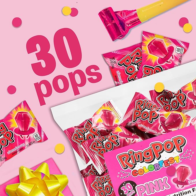 Ring Pop Individually Wrapped Pink Candy, Strawberry 30 Count Lollipop Bulk Pack – Lollipop Suckers for Kids, Fun Candy Bulk for Gender Reveal, Bachelorette Party Favors, Kids Party Favors